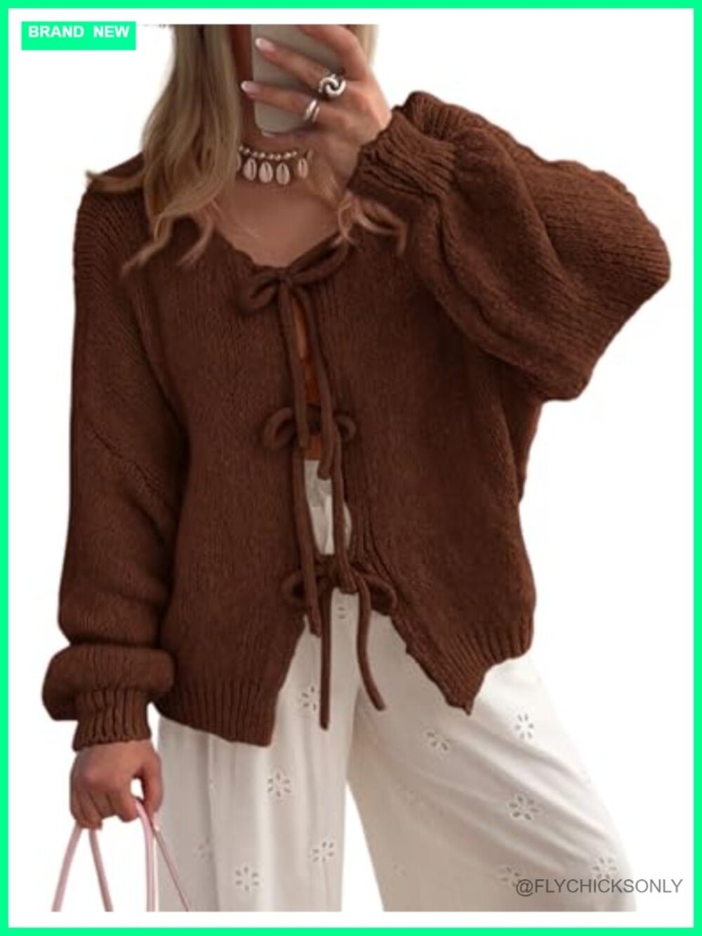Women's Tie Front Bow Cardigan Cable Knit Puff Sleeve Sweater